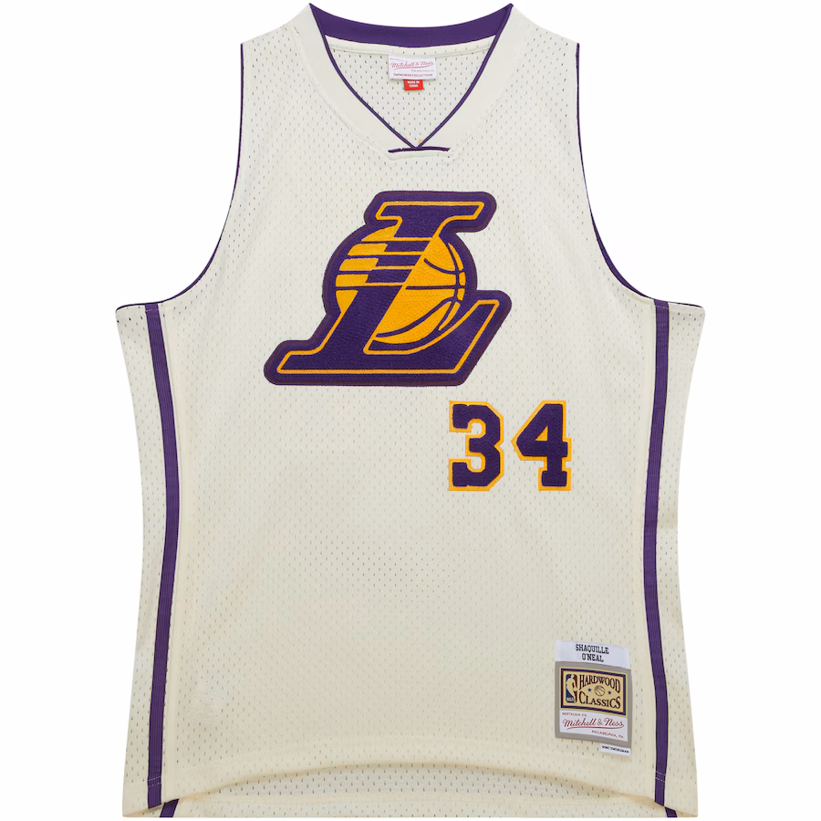 Men's Los Angeles Lakers Shaquille O'Neal Mitchell & Ness Cream Chainstitch Swingman Jersey