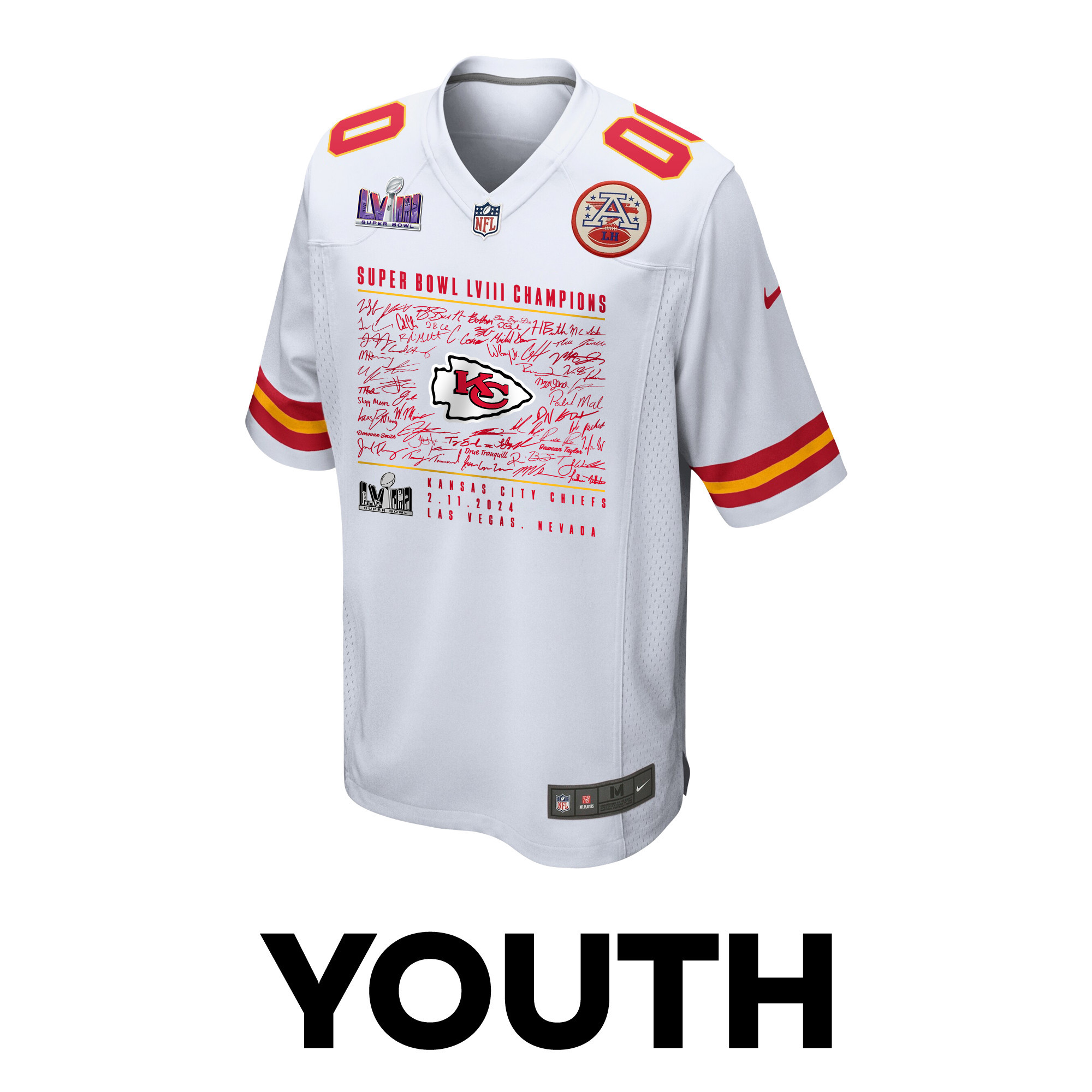 Kansas City Chiefs Super Bowl LVIII Champions Roster Autograph Signing Game YOUTH Jersey - White
