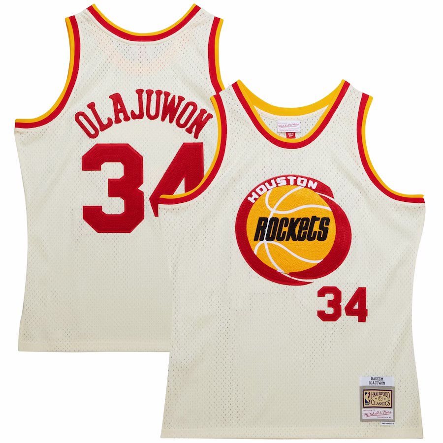 Men's Houston Rockets Hakeem Olajuwon Mitchell & Ness Cream Chainstitch Swingman Jersey