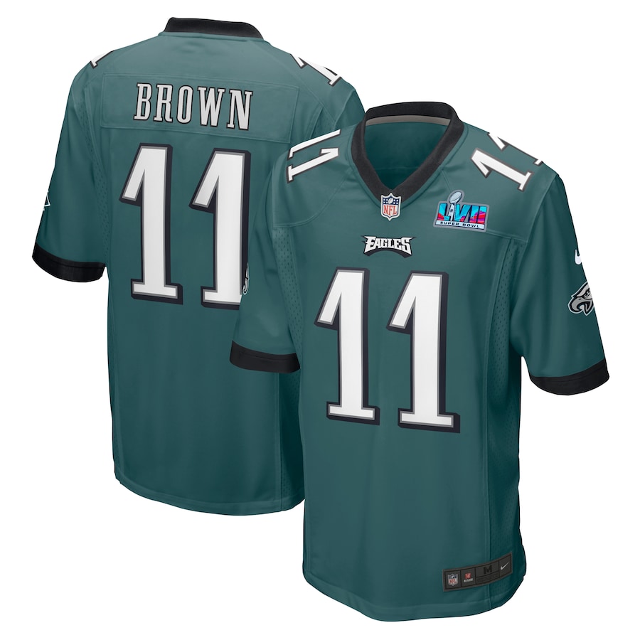 Mens Philadelphia Eagles A.J. Brown Midnight Green Super Bowl LVII Patch Game Jersey