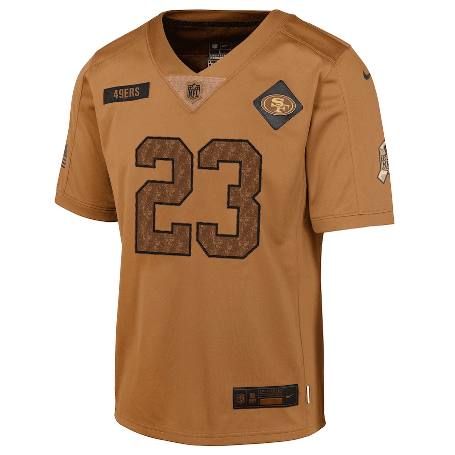 Christian McCaffrey 23 San Francisco 49ers 2023 Salute To Service Limited YOUTH Jersey - Brown