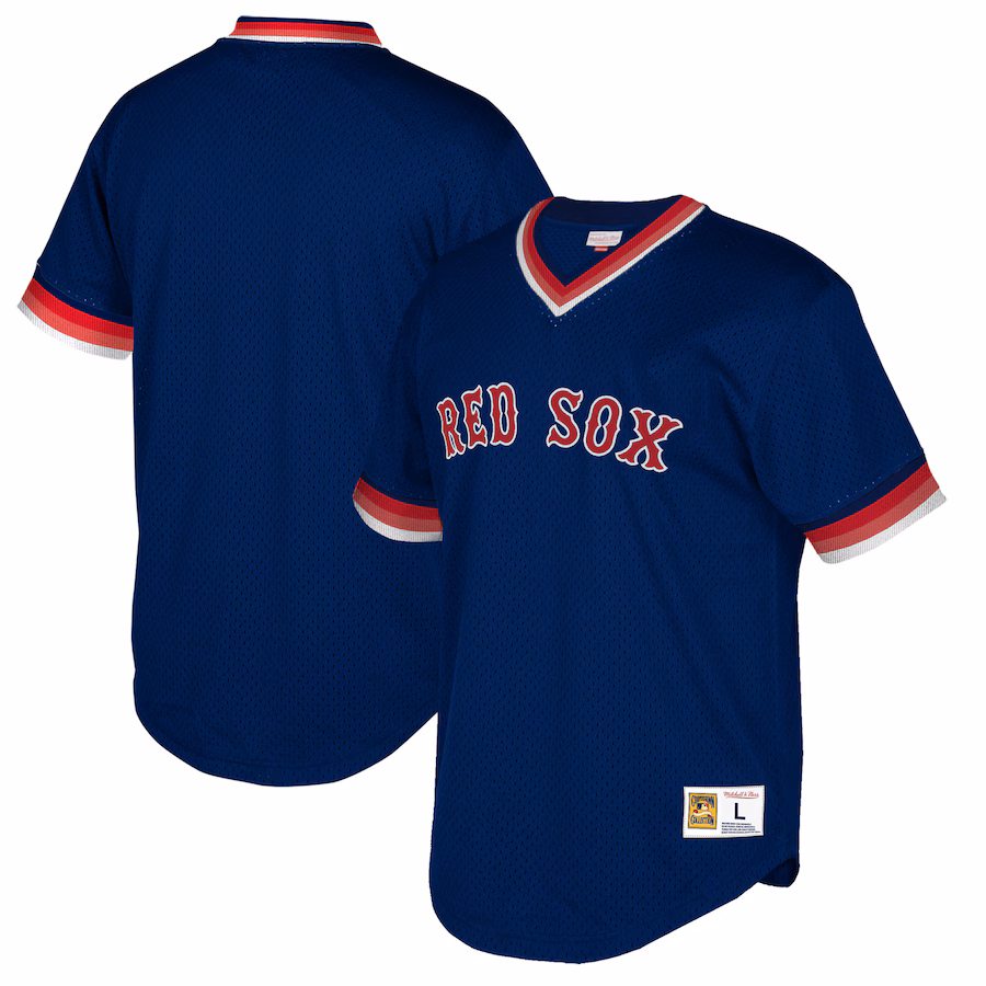 Youth Boston Red Sox Mitchell & Ness Navy Big & Tall Cooperstown Collection Mesh Wordmark V-Neck Jersey