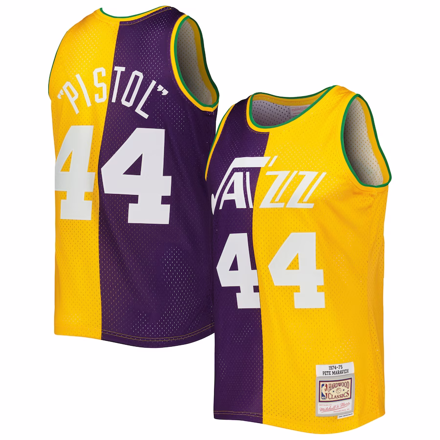 Men's New Orleans Jazz Pete Maravich Mitchell & Ness Purple/Yellow Hardwood Classics 1974/75 Split Swingman Jersey