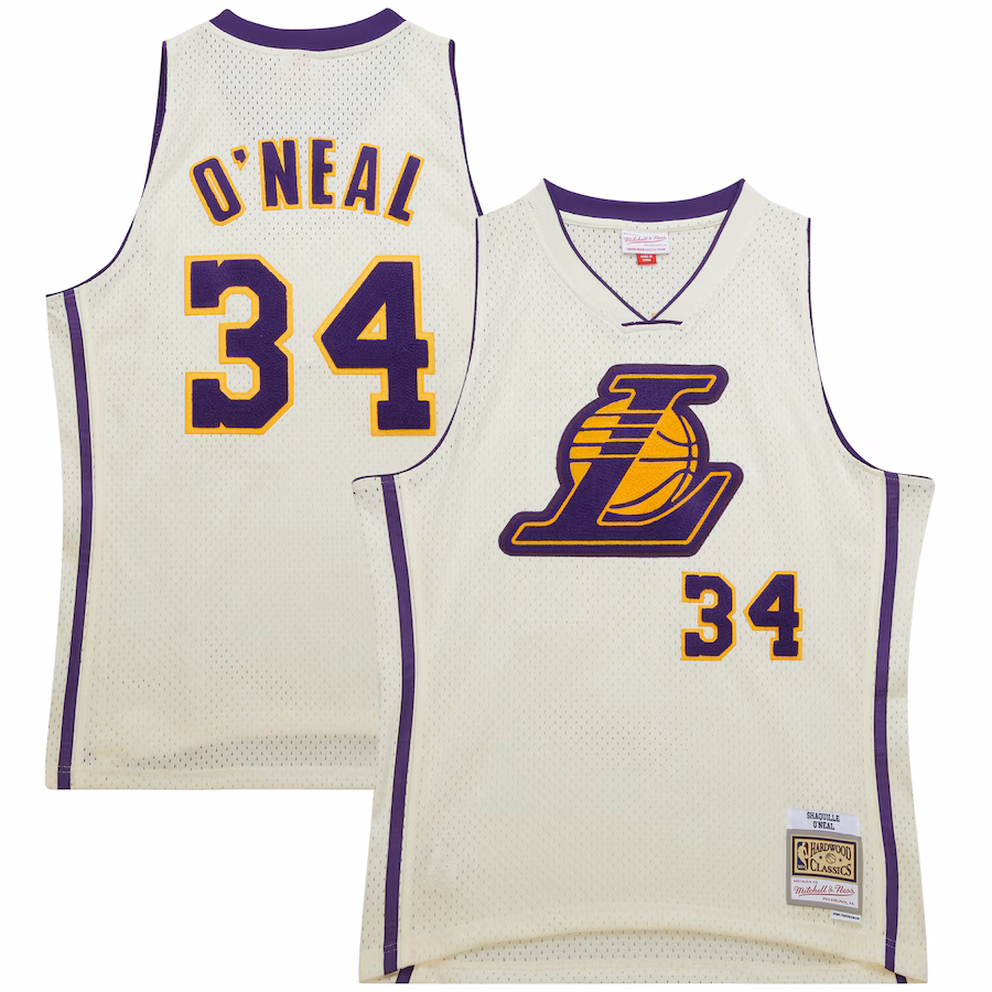 Men's Los Angeles Lakers Shaquille O'Neal Mitchell & Ness Cream Chainstitch Swingman Jersey
