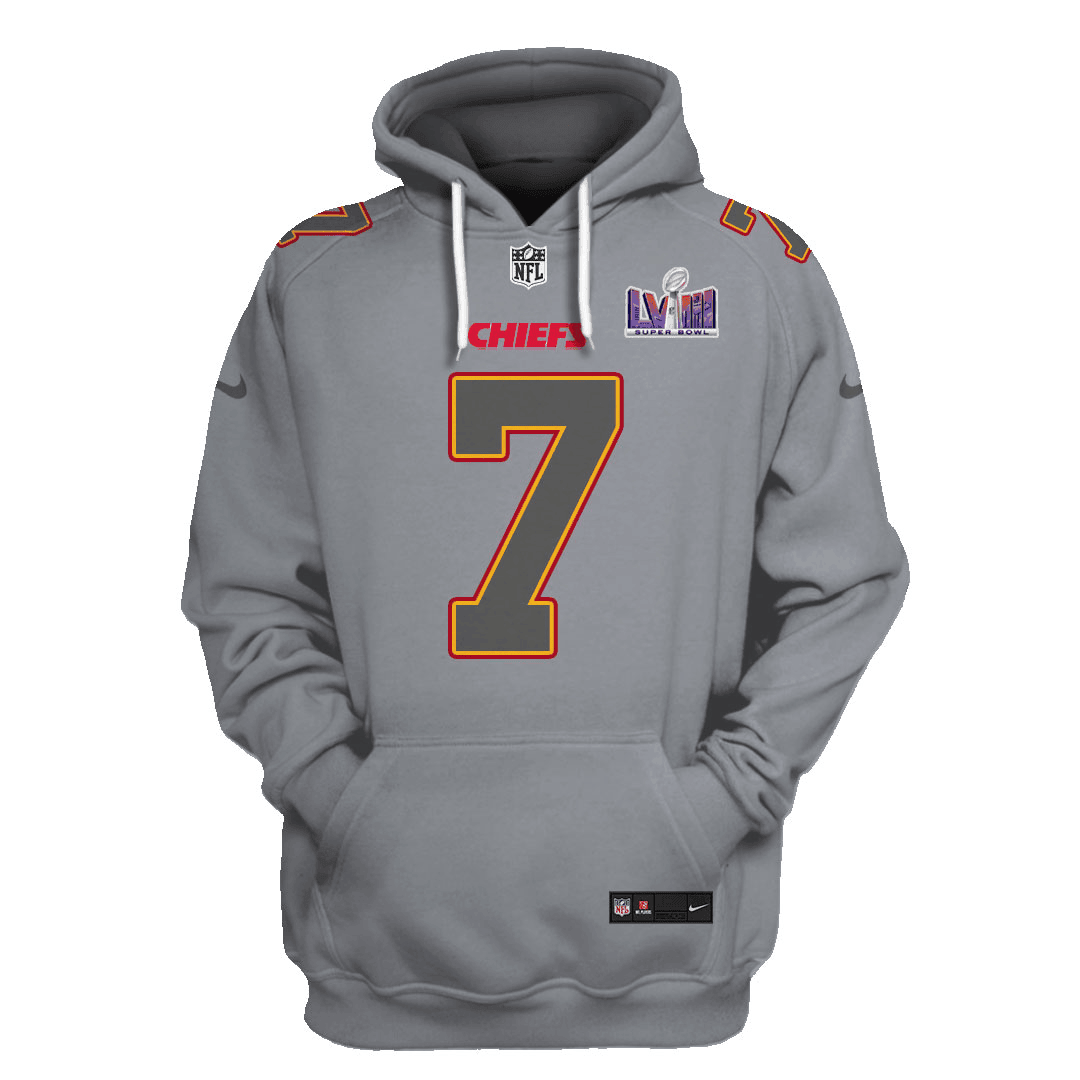 Harrison Butker 7 Kansas City Chiefs Super Bowl LVIII All Over Printed Pullover Hoodie - Gray
