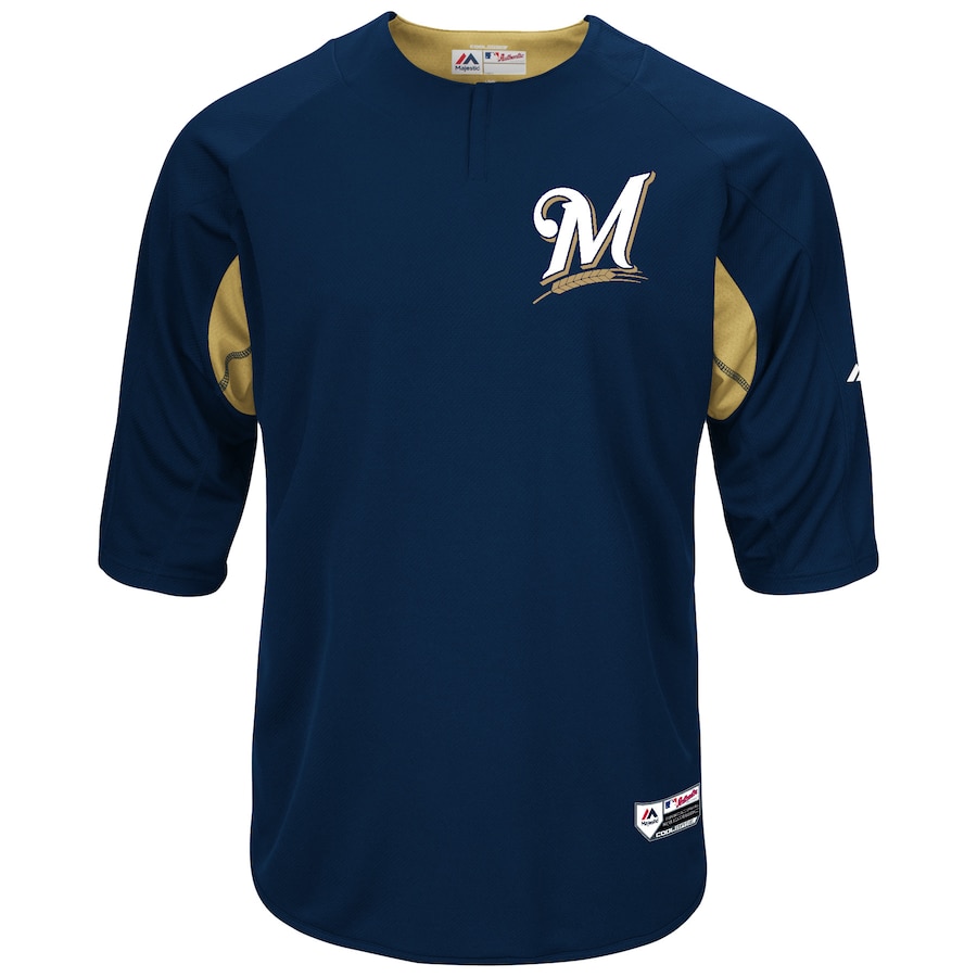 Men's Milwaukee Brewers Majestic Navy/Gold Authentic Collection On-Field 3/4-Sleeve Batting Practice Jersey