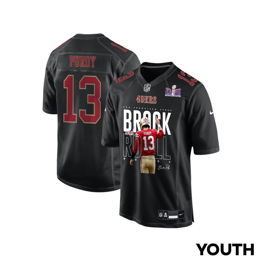 Brock Purdy 13 Signed Brock And Roll San Francisco 49ers V2 Fashion Game YOUTH Jersey - Carbon Black