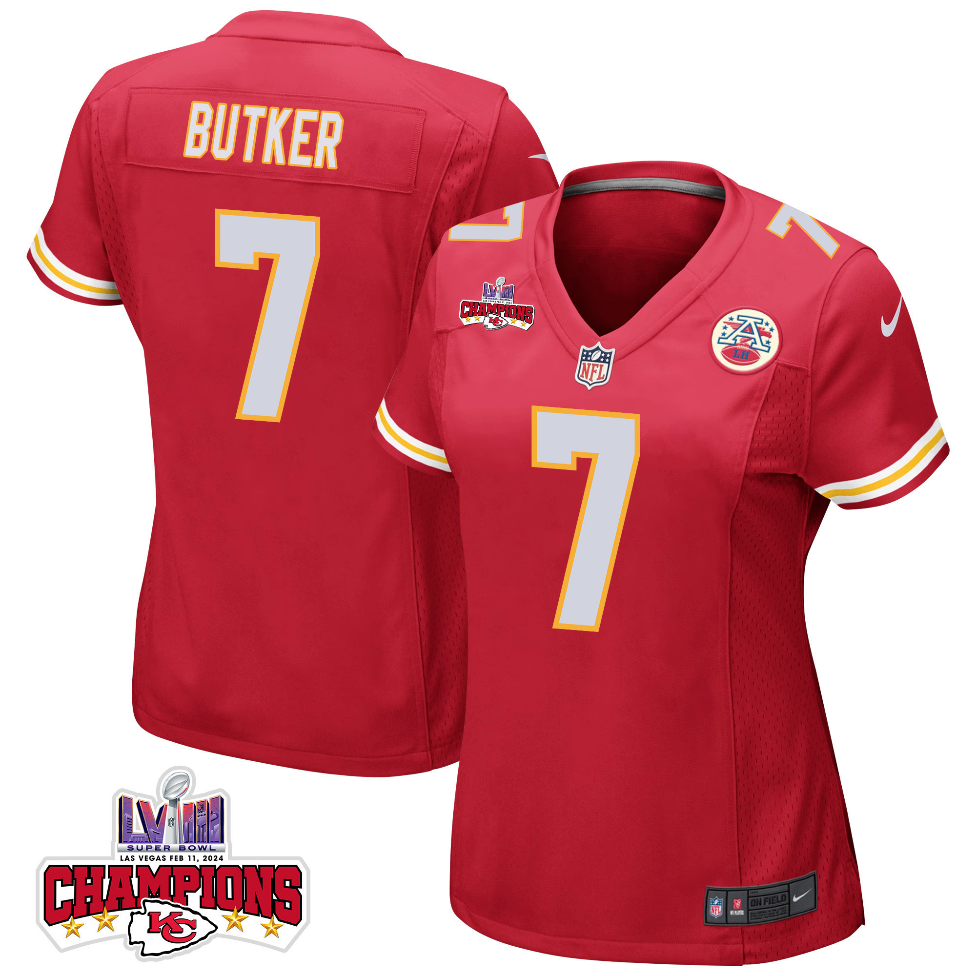 Harrison Butker 7 Kansas City Chiefs Super Bowl LVIII Champions 4 Stars Patch Game Women Jersey - Red