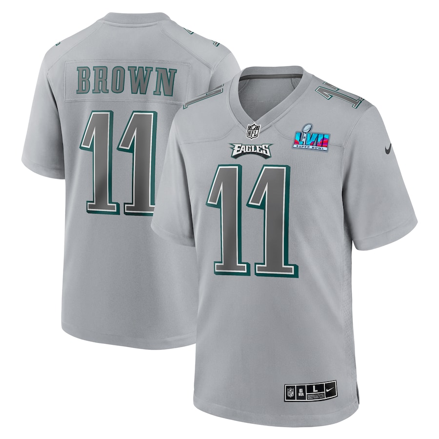Mens Philadelphia Eagles A.J. Brown Gray Super Bowl LVII Patch Atmosphere Fashion Game Jersey
