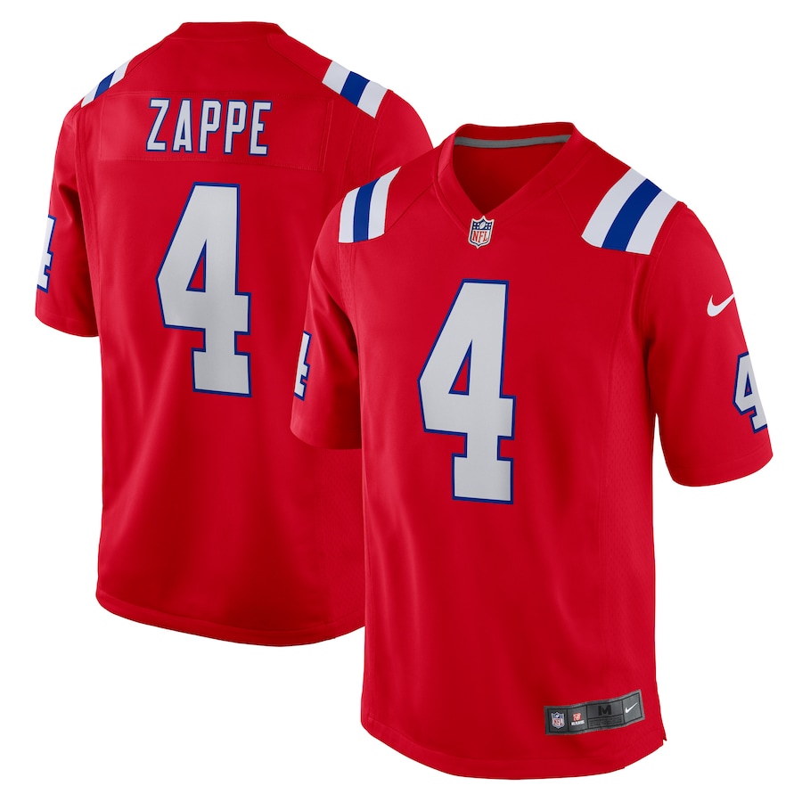 Mens New England Patriots Bailey Zappe Red Alternate Game Player Jersey