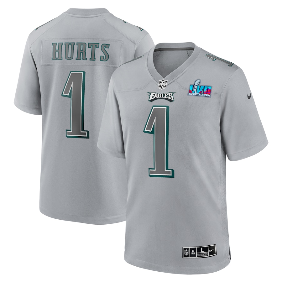 Mens Philadelphia Eagles Jalen Hurts Gray Super Bowl LVII Patch Atmosphere Fashion Game Jersey