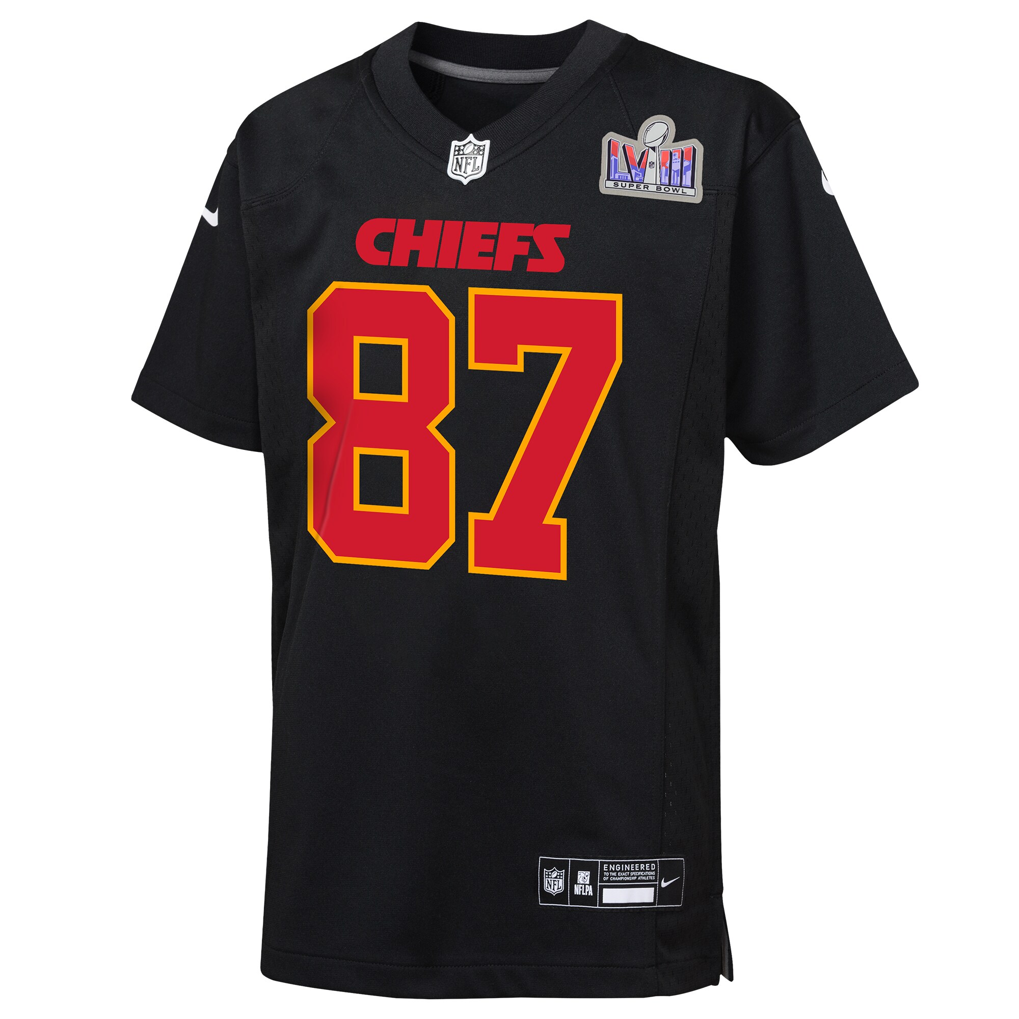 Travis Kelce Kansas City Chiefs Youth Super Bowl LVIII Patch Carbon Fashion Game Jersey - Black