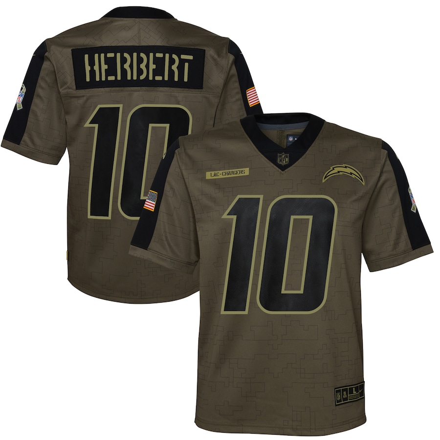 Youth Los Angeles Chargers Justin Herbert Olive 2021 Salute To Service Game Jersey