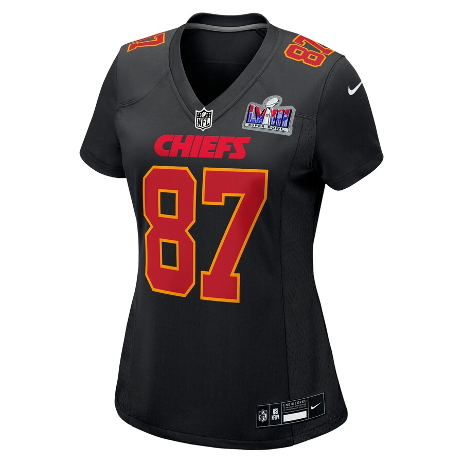 Womens Kansas City Chiefs Travis Kelce Black Super Bowl LVIII Carbon Fashion Game Player Jersey