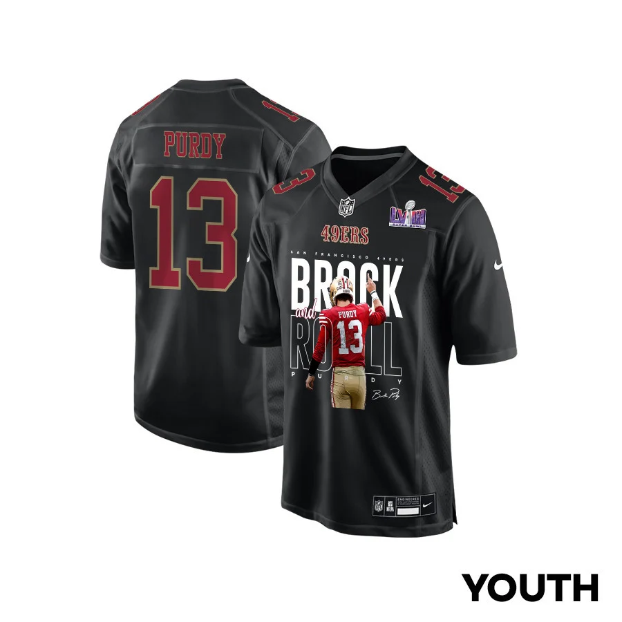 Brock Purdy 13 Signed Brock And Roll San Francisco 49ers V2 Fashion Game YOUTH Jersey - Carbon Black