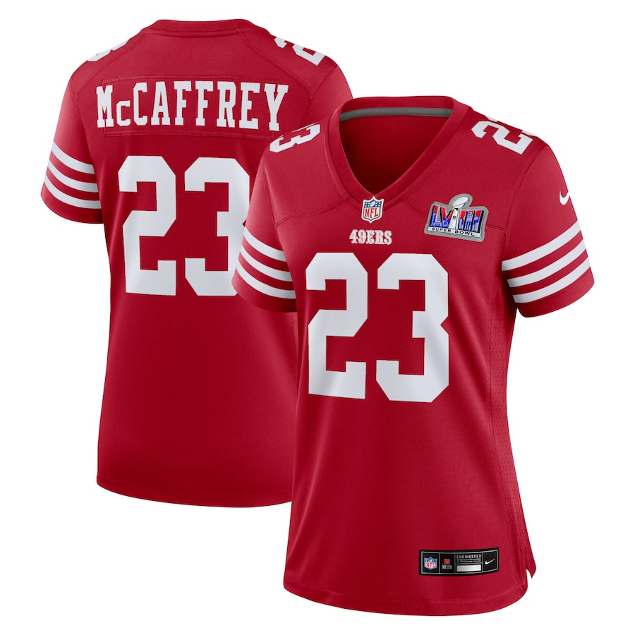 Womens San Francisco 49ers Christian McCaffrey Scarlet Super Bowl LVIII Game Jersey