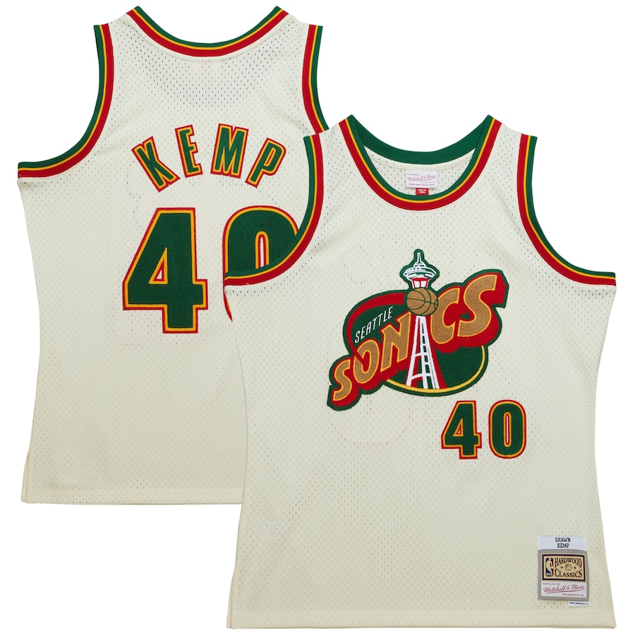 Men's Seattle SuperSonics Shawn Kemp Mitchell & Ness Cream Chainstitch Swingman Jersey
