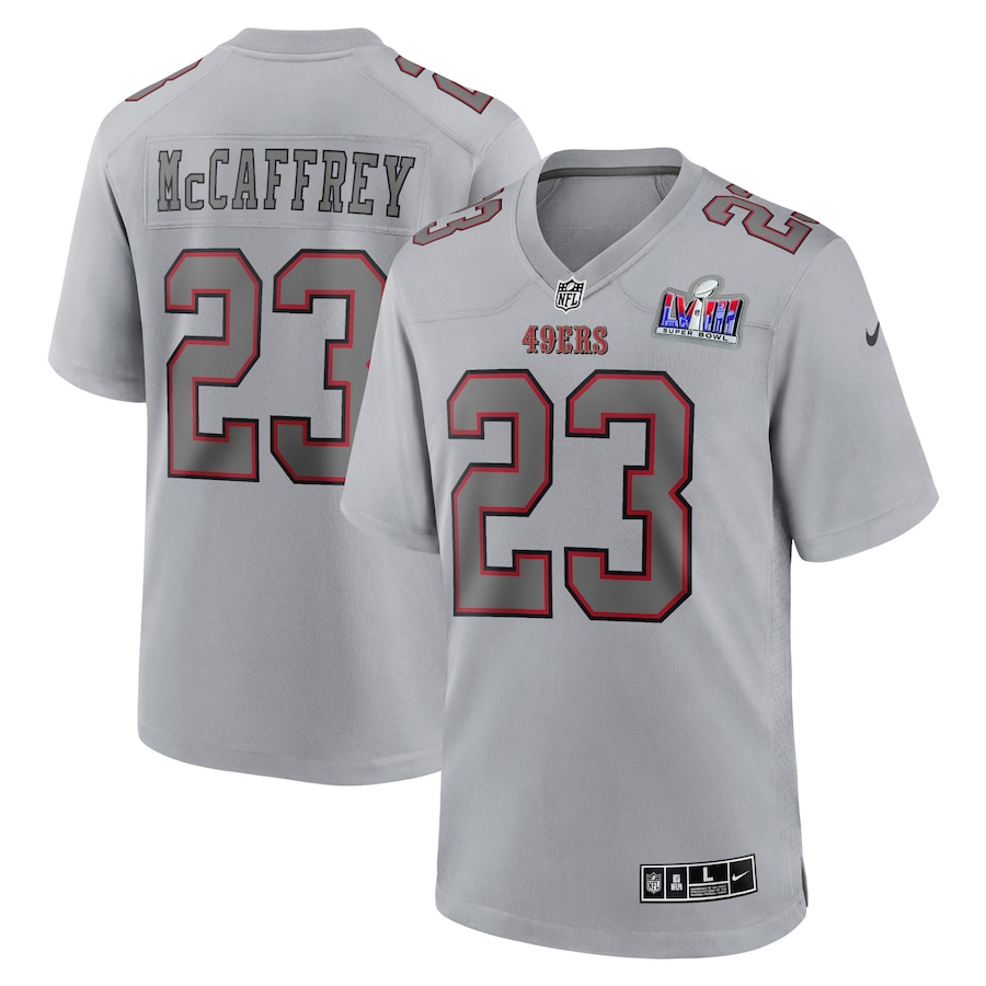 Mens San Francisco 49ers Christian McCaffrey Gray Super Bowl LVIII Atmosphere Fashion Game Jersey