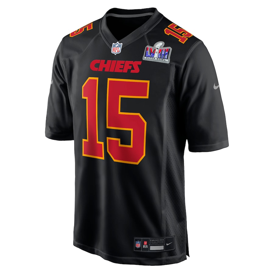 Mens Kansas City Chiefs Patrick Mahomes Black Super Bowl LVIII Carbon Fashion Game Player Jersey