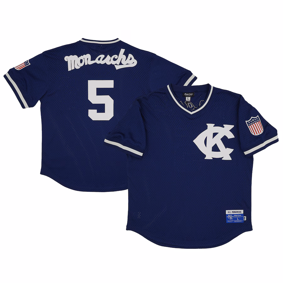 Men's Kansas City Monarchs #5 Rings & Crwns Navy Mesh Replica V-Neck Jersey