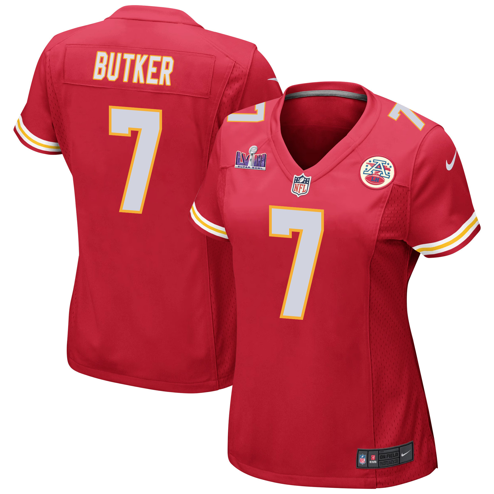 Harrison Butker 7 Kansas City Chiefs Super Bowl LVIII Patch Game Women Jersey - Red