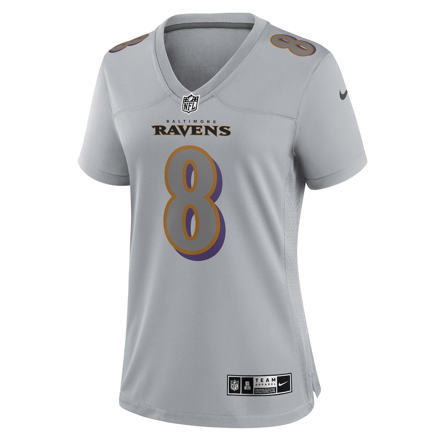 Womens Baltimore Ravens Lamar Jackson Gray Atmosphere Fashion Game Jersey