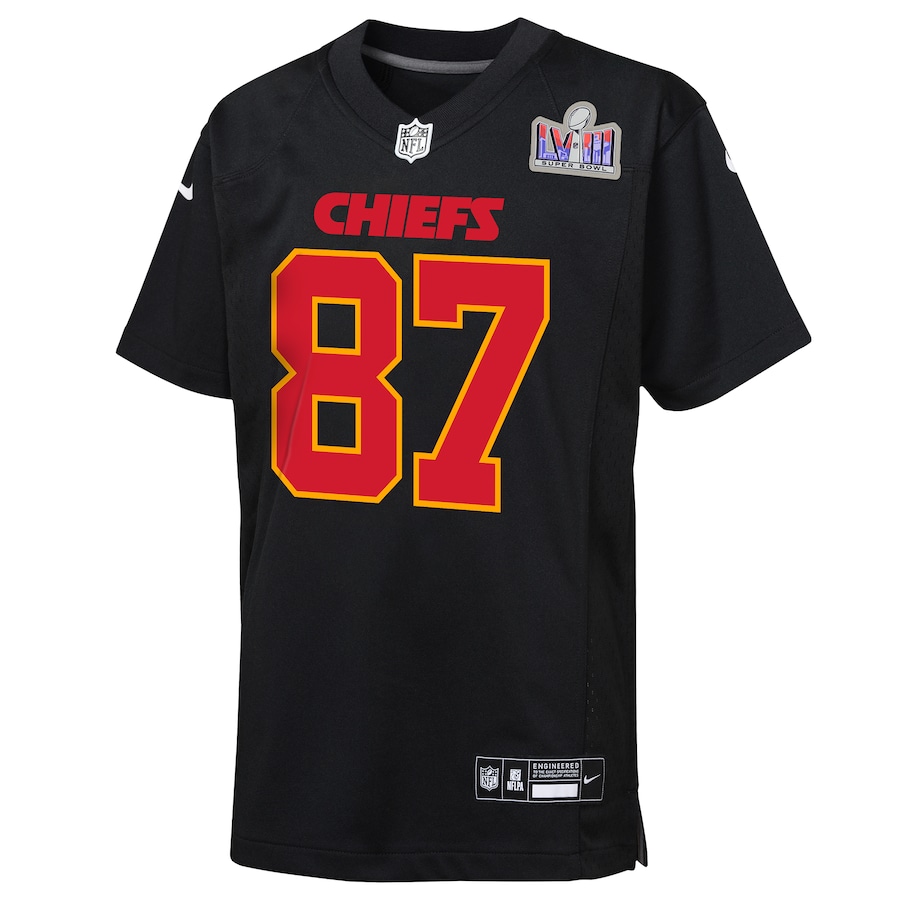 Youth Kansas City Chiefs Travis Kelce Black Super Bowl LVIII Patch Carbon Fashion Game Jersey
