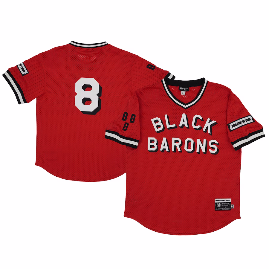 Men's Birmingham Black Barons #8 Rings & Crwns Red Mesh Replica V-Neck Jersey