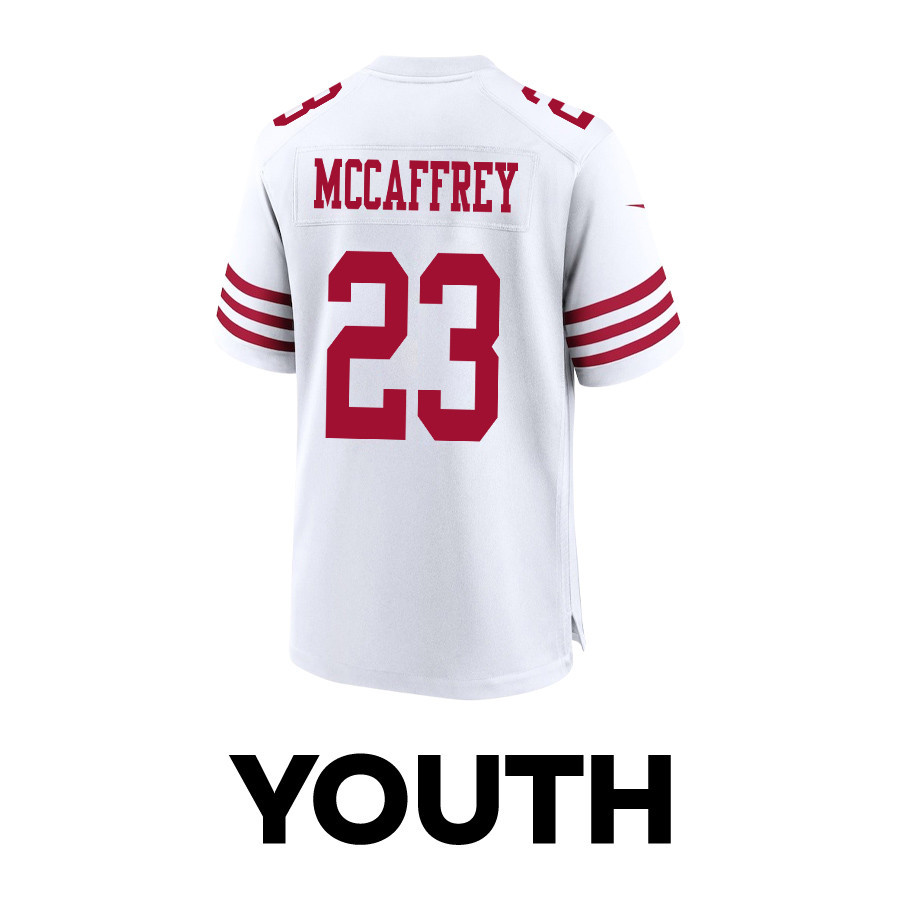 Christian McCaffrey 23 San Francisco 49ers Throwing Ball Game YOUTH Jersey - White