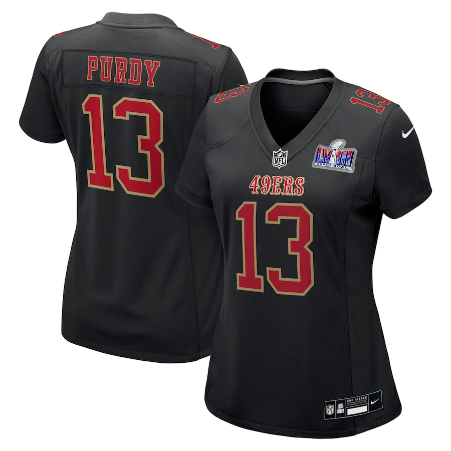 Womens San Francisco 49ers Brock Purdy Black Super Bowl LVIII Carbon Fashion Game Player Jersey