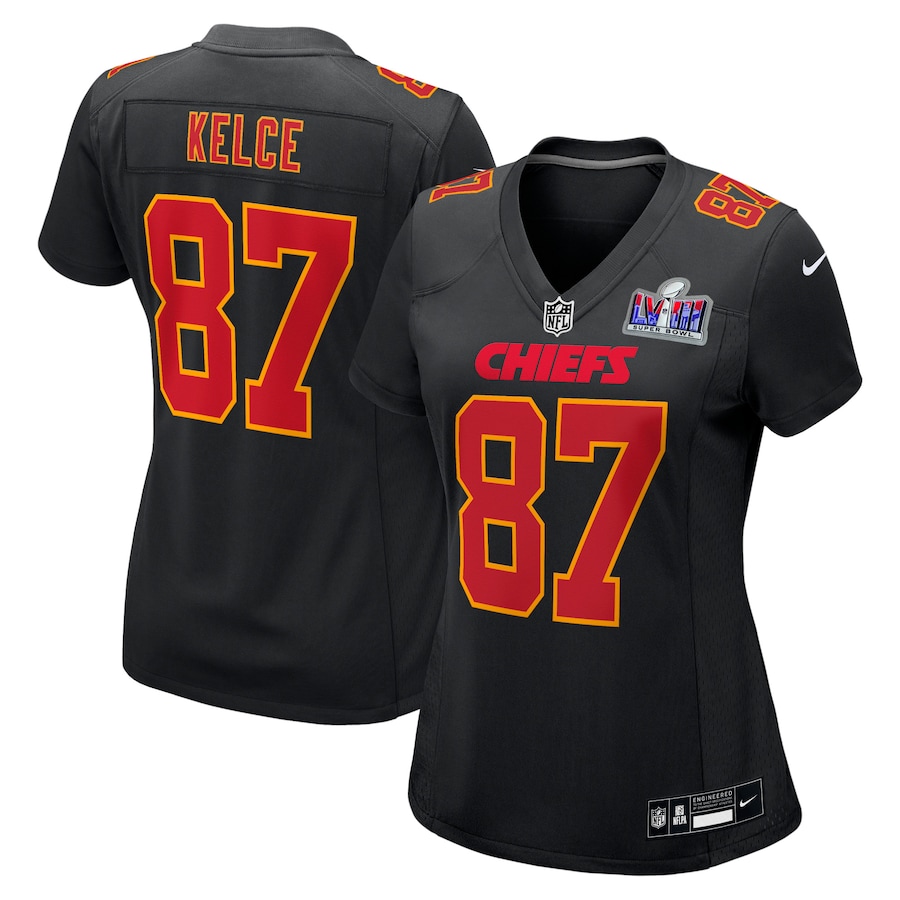 Womens Kansas City Chiefs Travis Kelce Black Super Bowl LVIII Carbon Fashion Game Player Jersey