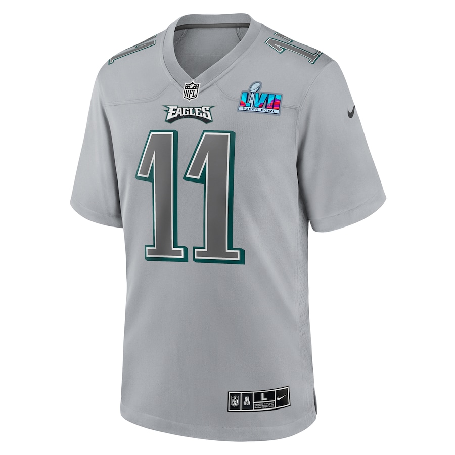 Mens Philadelphia Eagles A.J. Brown Gray Super Bowl LVII Patch Atmosphere Fashion Game Jersey