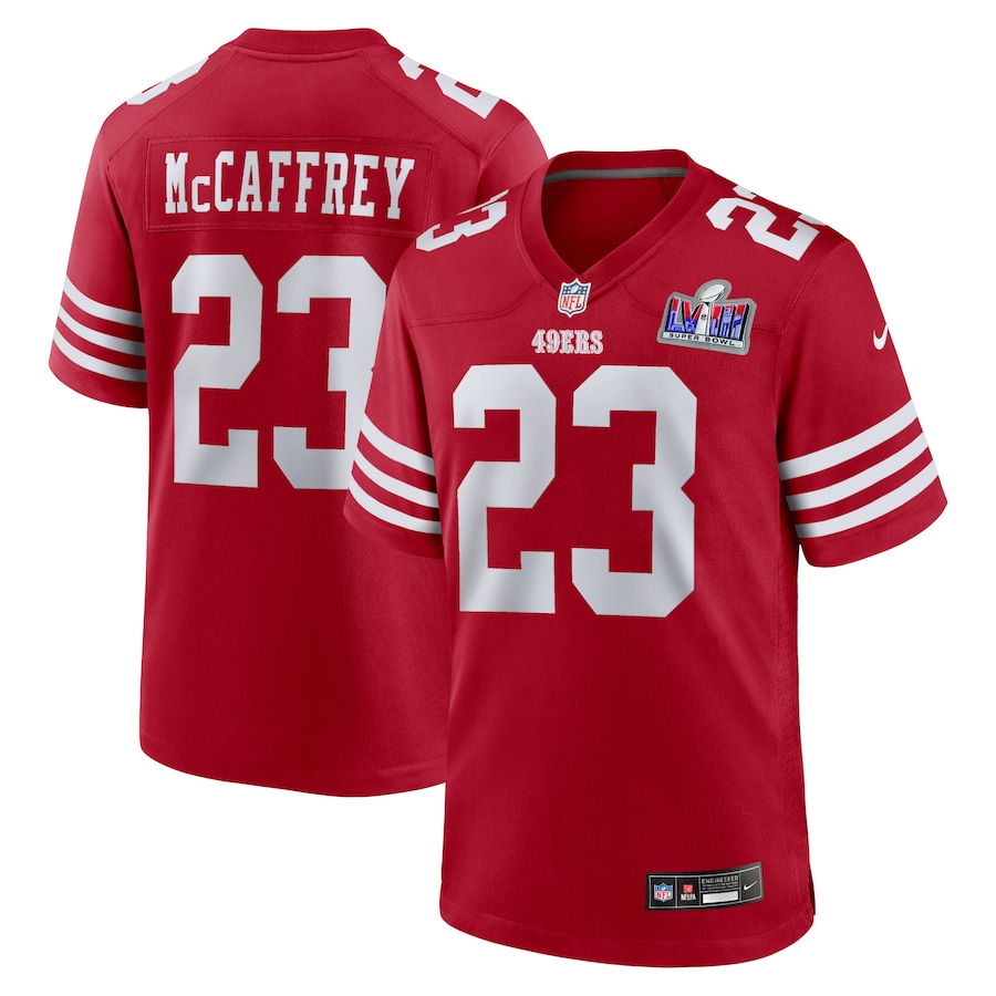 Mens San Francisco 49ers Christian McCaffrey Scarlet Super Bowl LVIII Game Jersey