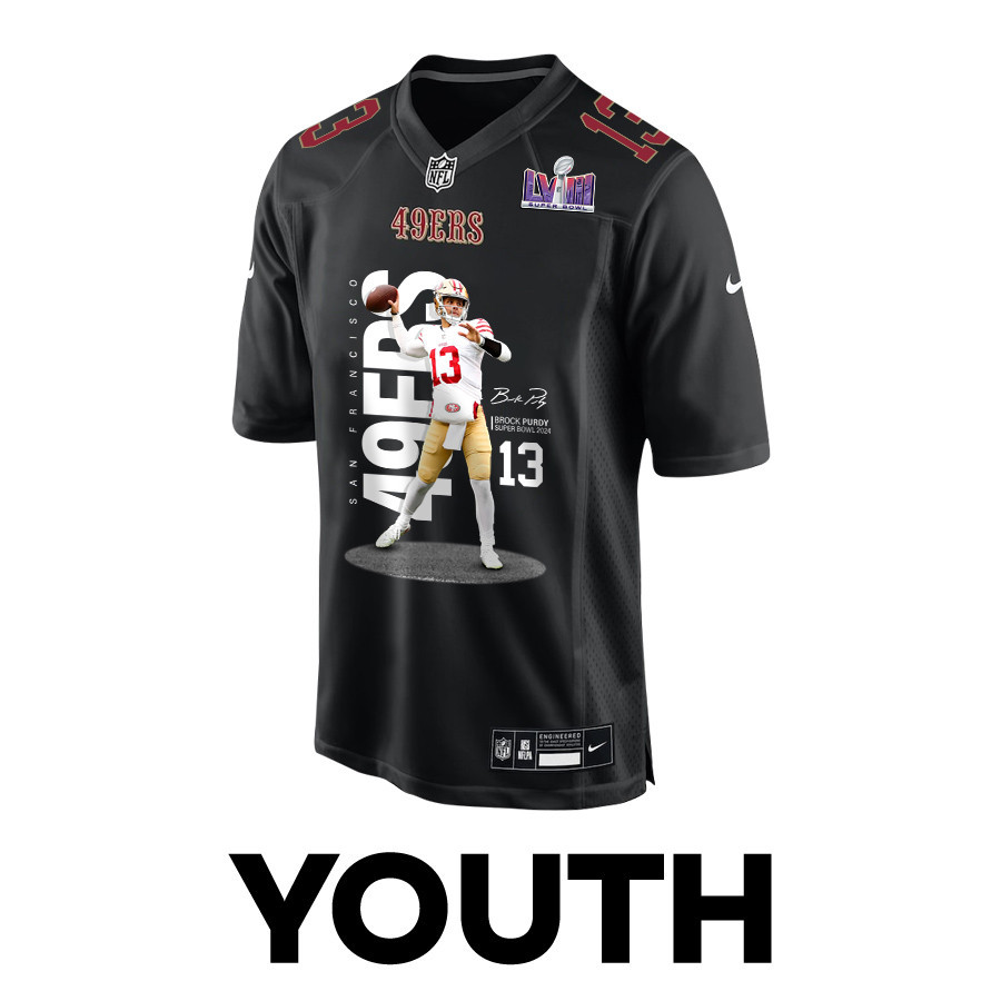 Brock Purdy 13 San Francisco 49ers Throwing Ball Fashion Game YOUTH Jersey - Carbon Black