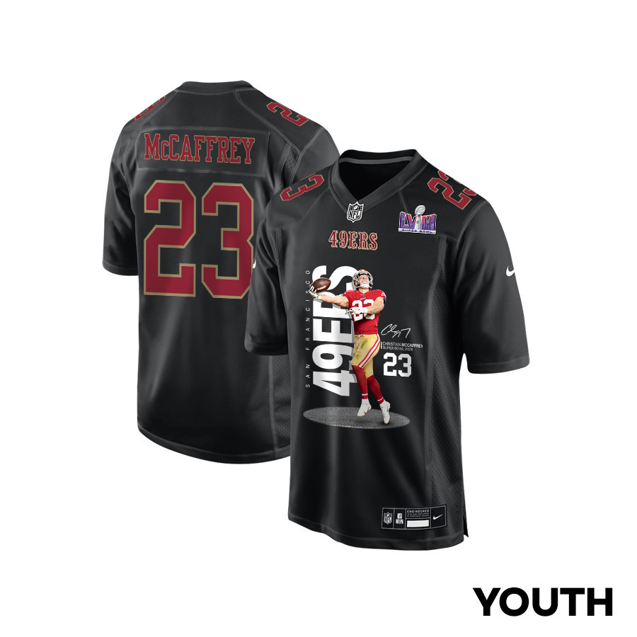 Christian McCaffrey 23 San Francisco 49ers Throwing Ball Signed Fashion Game YOUTH Jersey - Carbon Black