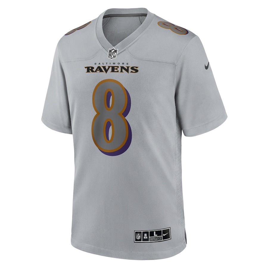 Mens Baltimore Ravens Lamar Jackson Gray Atmosphere Fashion Game Jersey