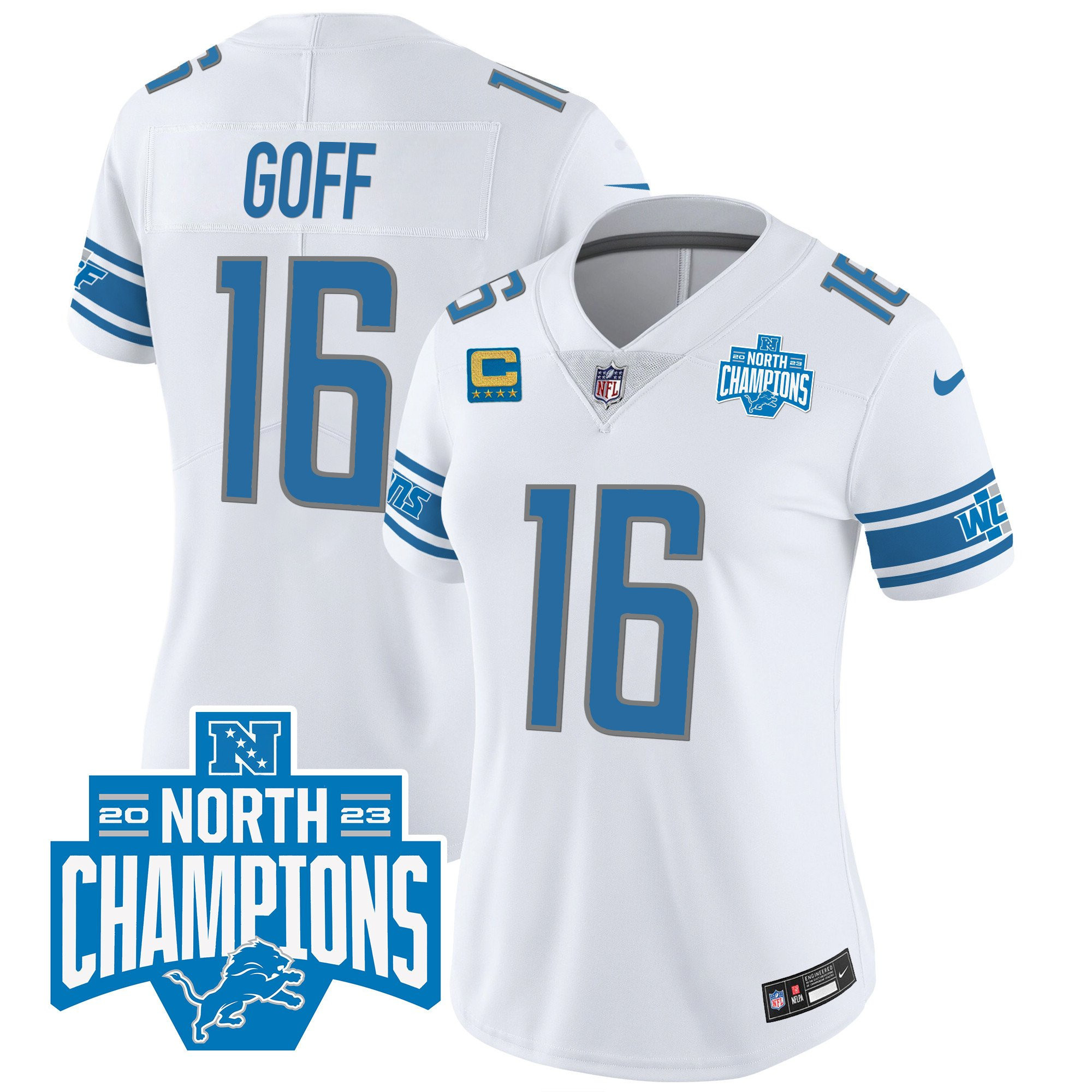 Jared Goff 16 Detroit Lions 2023 NFC North Division Champions Patch Women Game Jersey - White