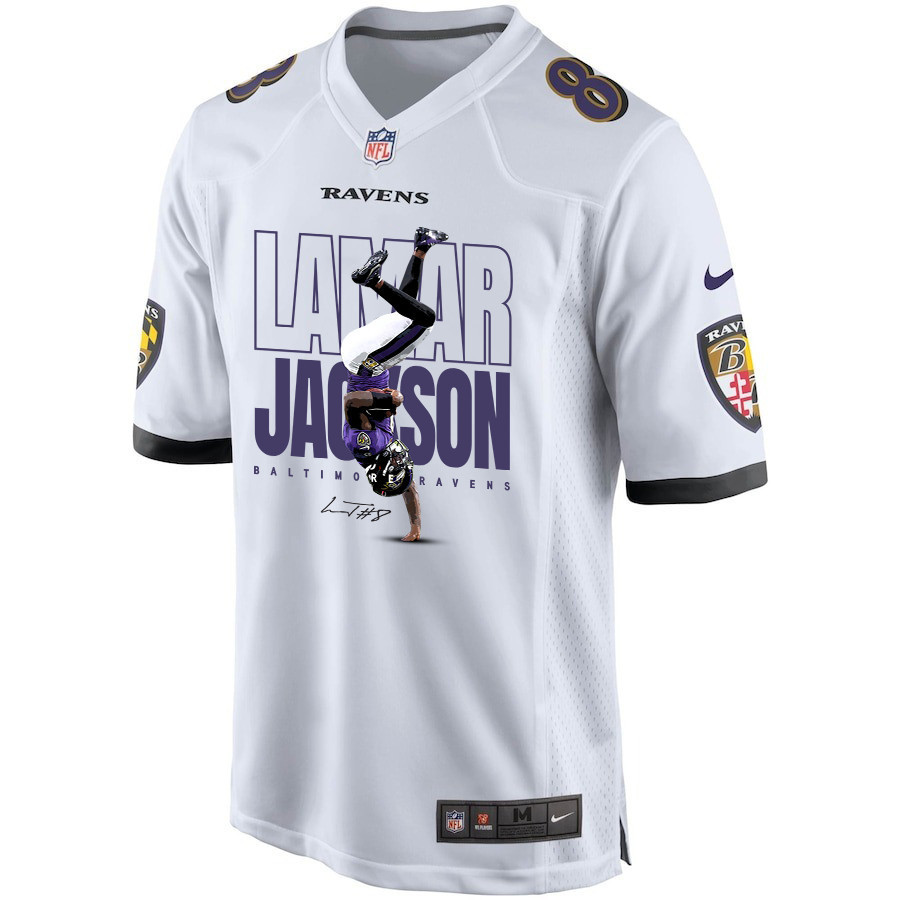 Lamar Jackson 8 Baltimore Ravens Lamar the Merrier Game Men Jersey - White