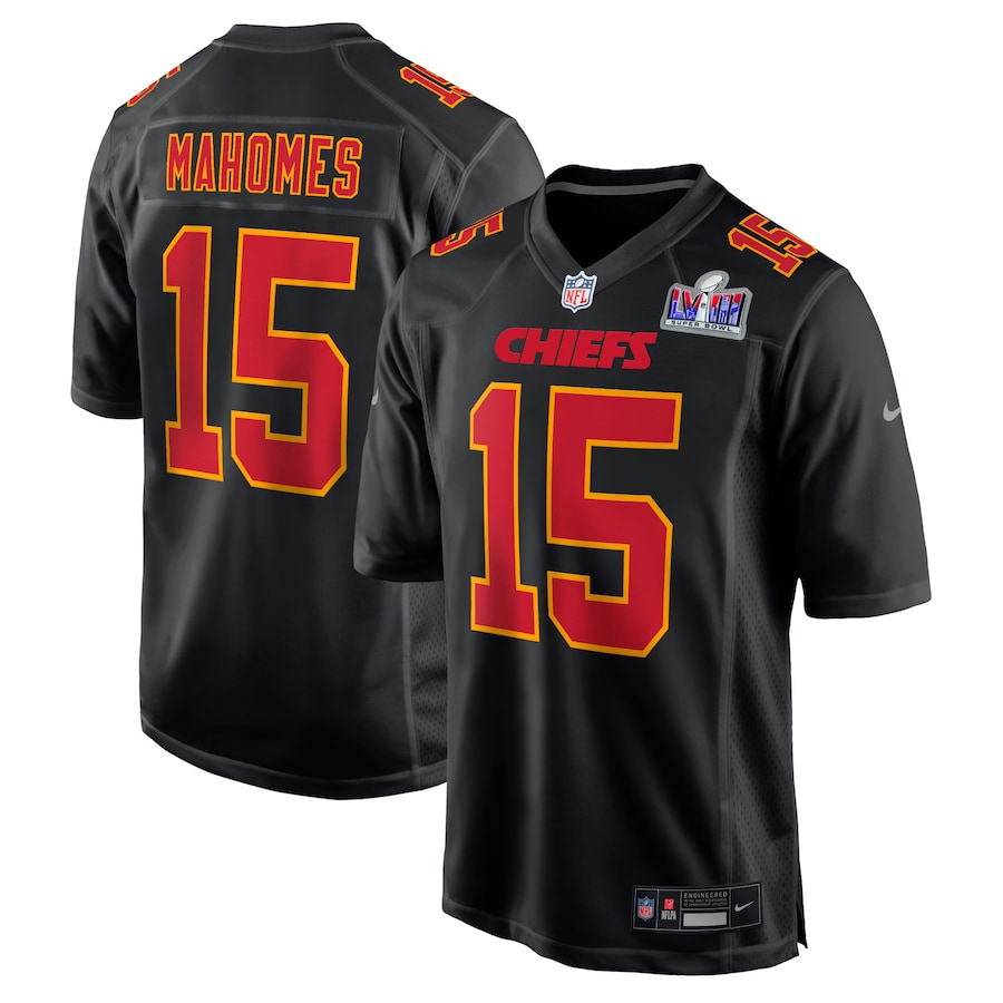 Mens Kansas City Chiefs Patrick Mahomes Black Super Bowl LVIII Carbon Fashion Game Player Jersey