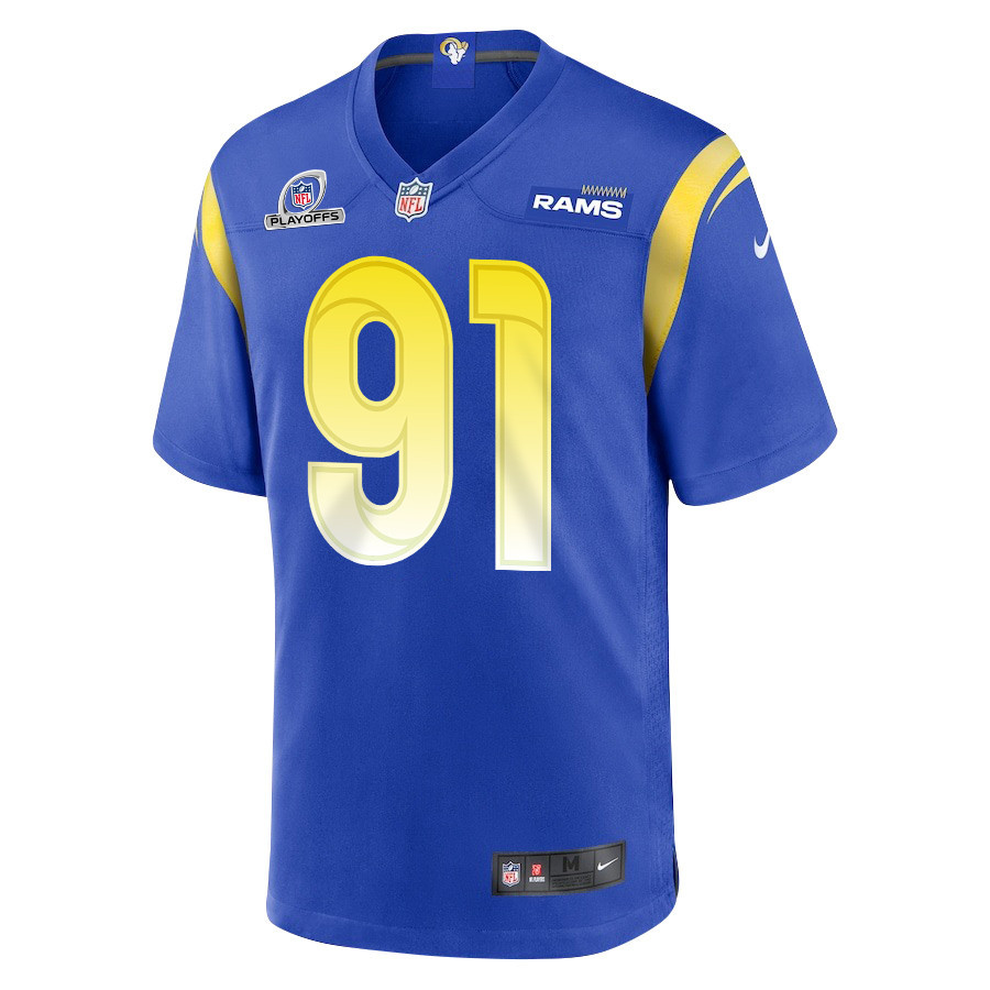 Kobie Turner 91 Los Angeles Rams 2023 Playoffs Patch Game Men Jersey - Royal