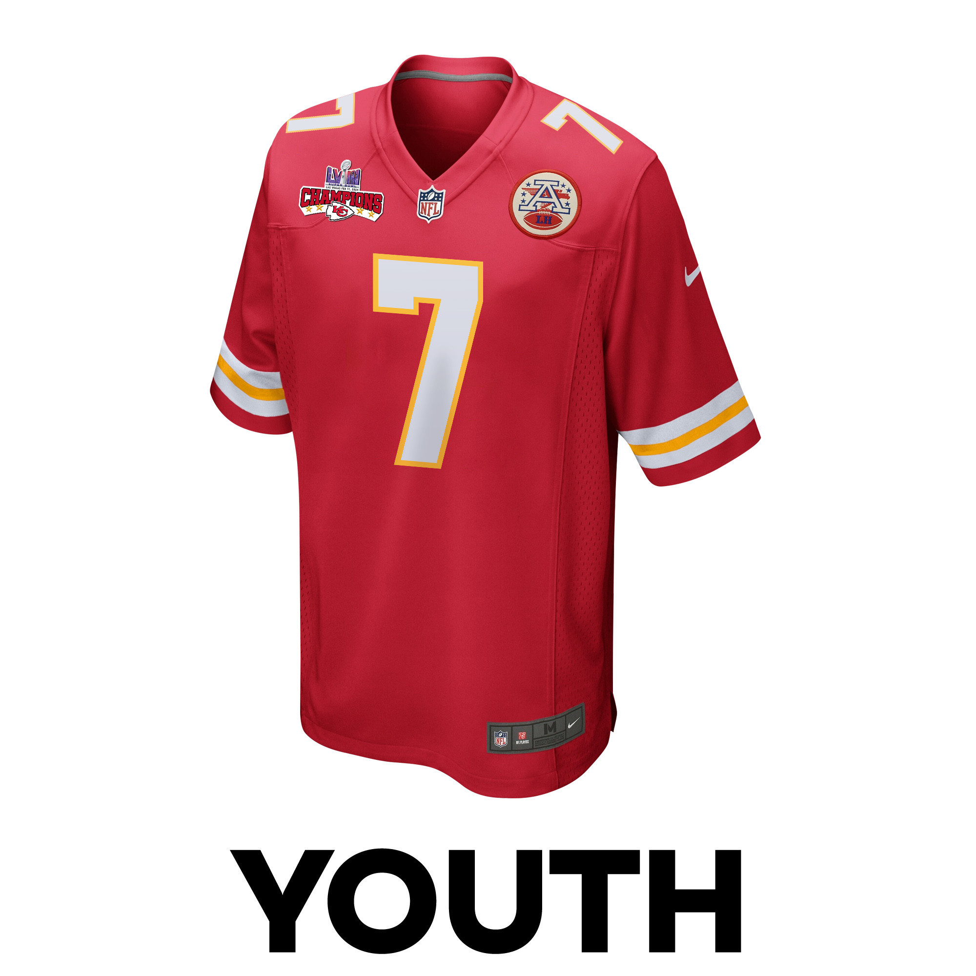 Harrison Butker 7 Kansas City Chiefs Super Bowl LVIII Champions 4 Stars Patch Game YOUTH Jersey - Red