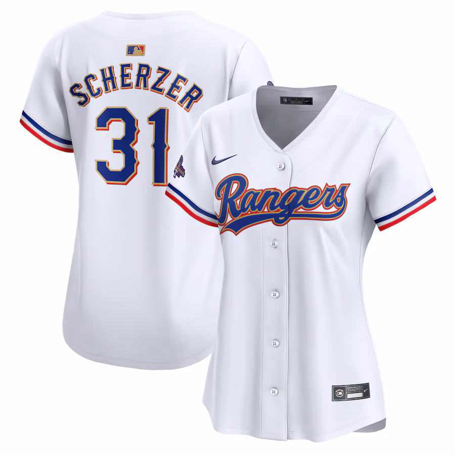 Max Scherzer Texas Rangers Nike Women's 2024 Gold Collection Limited Player Jersey – White